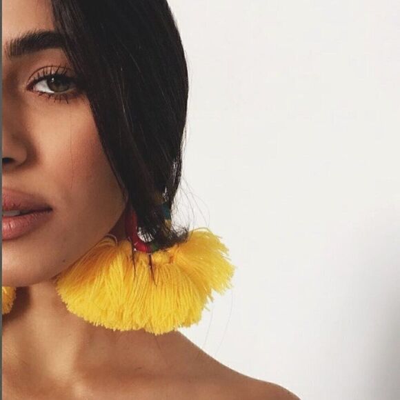 NWT Mochi Hallu Statement Tassel Woven Yellow Boho Fringe Crochet Big Earrings - Picture 1 of 12